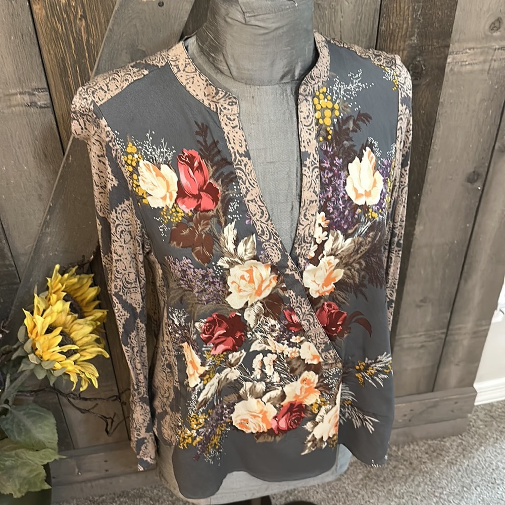 Anthropologie Gray Floral Wrap-Style Blouse with Cream, Red, Yellow Accents - Picture 2 of 9